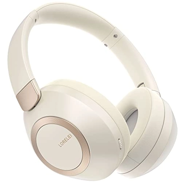 LORELEI B-C6 Wireless Over Ear Headphones, 50H Playtime Foldable Lightweight Bluetooth Headsets, Deep Bass, Built-in Microphone, Memory Foam Earmuff, for Travel, Home Office (Beige White) - Beige White