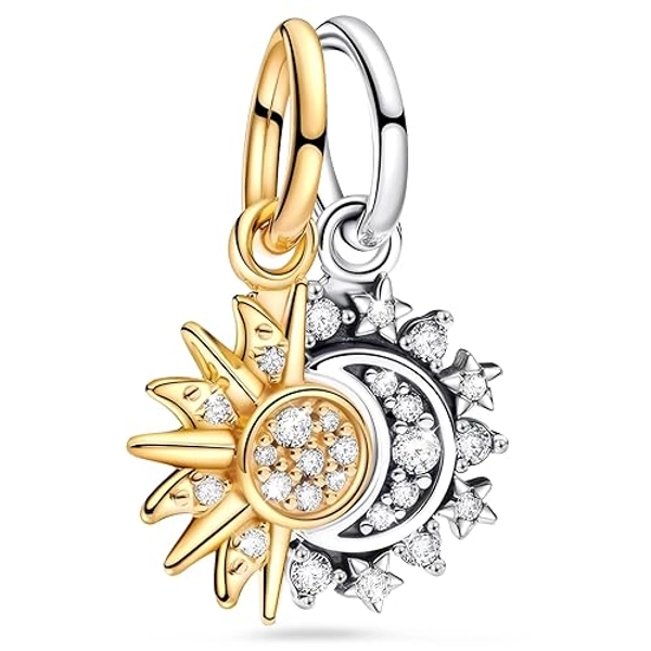 Ahokei Damen Charm Anhänger Für Armband, Sonne Mond Silber Charms & Beads Für Damen,Sonne Charms Anhänger Gold Moments Teilbarer Charm Gold Sonne & Mond Charm-Anhänger For Ketten Geschenk Für Frauen - Sonne Mond