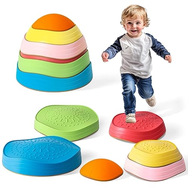 Oranmew Balance Stepping Stones for Kids, 6 Pcs Non-Slip Sensory Bounce Blocks for Indoor & Outdoor Play, Toddler Jumping Stones & Sensory Toys for Autism, Builds Coordination & Motor Skills, Ages 3+ - Bright Path