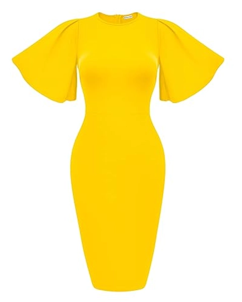 Memoriesea Women's Basic Bodycon Ruffle Flared Short Sleeve Pencil Midi Dress - XX-Large - Yellow