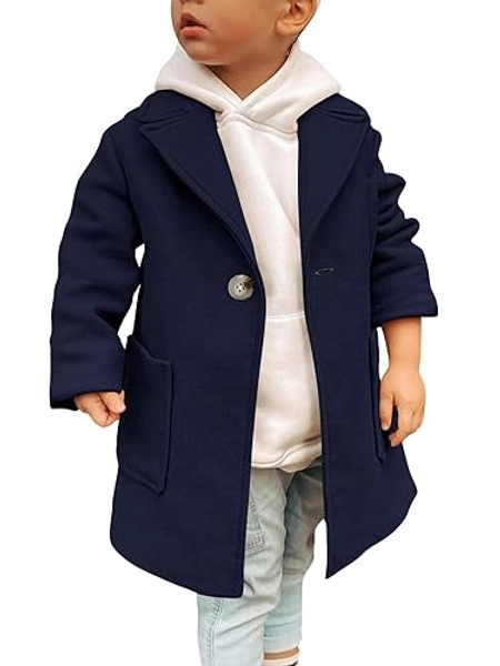Gafeng Kids Toddler Boys Wool Blend Trench Coat Long Sleeve Mid Length Pea Overcoat Outerwear - 10-12 Years - Navy