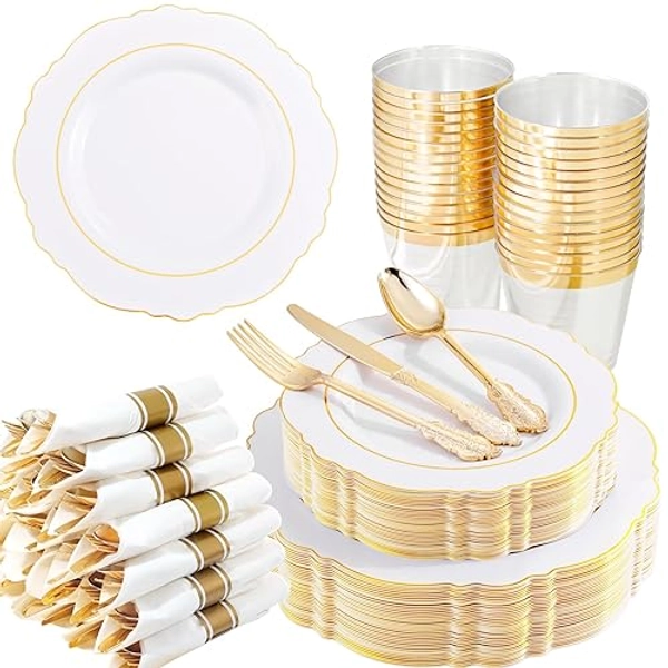 Liacere 350PCS Gold Plastic Plates-Disposable White and Gold Plates 50guest Baroque Plastic Dinnerware include 100Plates, 50Pack Pre Rolled Napkins with Silverware 50Cups for Wedding&New Year - Gold