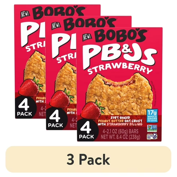 (3 pack) Bobo's PB&Js, Peanut Butter Oat Crust With Strawberry Filling, 4 Pack of 2.1oz oat snacks
