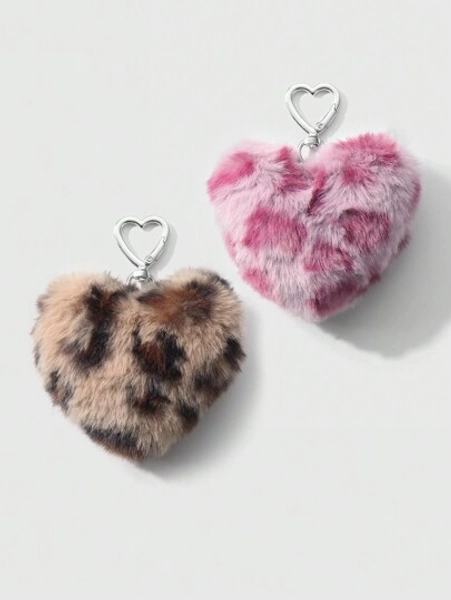 ROMWE Kawaii Set de 2 llaveros con diseño de estampado de leopardo y corazón de piel sintética, accesorios de moda apropiados para parejas, hermanas y uso diario, regalo perfecto para vacaciones