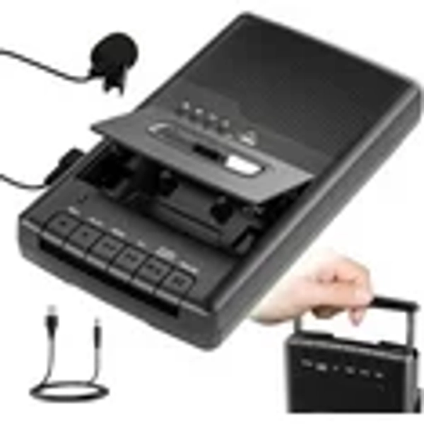 Cassette Player Tape Recorder, Portable Walkman Cassette USB Player with Stand-Alone Mic, One-Touch Recording(Black)