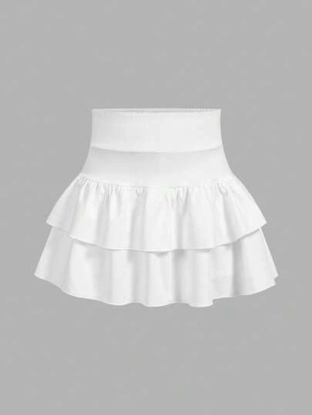 SHEIN Girlism Tween Girls Solid Knit Cute Ruffle Layered Built-In Shorts Mini Skirt, Y2K Fashion, Back To School