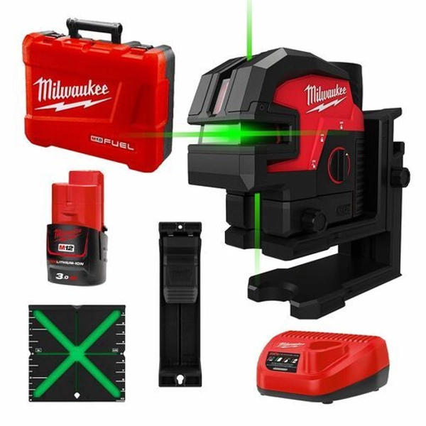Milwaukee M12C4PLA301C 12V 4.0Ah Li-ion Cordless Green Beam 3 Plane Laser Combo Kit
