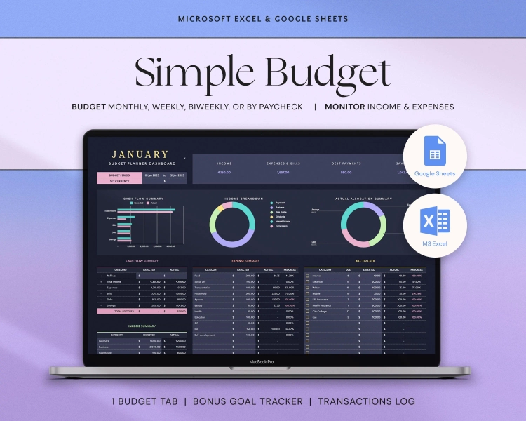 Budget Planner Excel Google Sheets Budget Spreadsheet Monthly Paycheck Budget Tracker Weekly Expense Budgeting Finance Spreadsheet Dark Mode