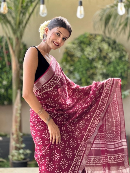 Hand Block Printed Linen Cotton Saree