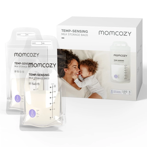 Momcozy Breastmilk Storage Bags 120PCS, Temp-Sensing Discoloration Milk Storing Bags for Breastfeeding, Disposable Milk Storage Bag with 6 Ounce Self Standing, No-Leak Milk Freezer Storage Pouches - 120 Count