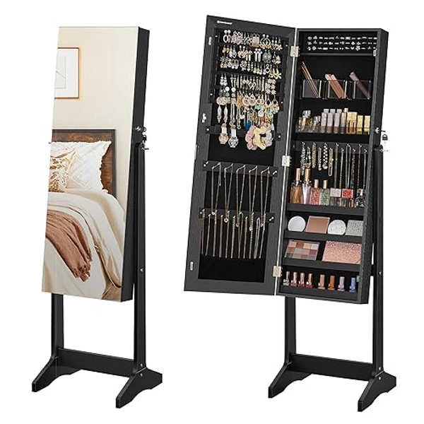 SONGMICS Jewelry Cabinet Armoire, Freestanding Lockable Storage Organizer Unit with 2 Plastic Cosmetic Storage, Full-Length Frameless Mirror, for Necklace Earring, Black UJJC002B01 - Basic Version - Black