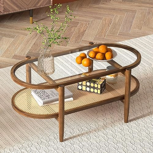 Giantex Rattan Coffee Table, 2-Tier Oval Acacia Wood Tea Table w/Tempered Glass Tabletop & PE Rattan Storage Shelf, Boho Cocktail Tables, Mid Century Modern Center Table for Living Room Office, Brown - Brown