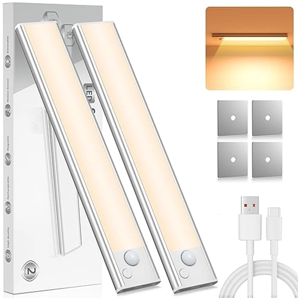 Unterbauleuchte Küche LED Schrankbeleuchtung Bewegungsmelder - Warmweiß Lampe Akku Licht Beleuchtung Batterie Schrank Innen Lichtleiste Kabellos Leuchte Leiste light USB Küchen Aufladbar Schranklicht - 20CM-2 Stück - Warmweiß