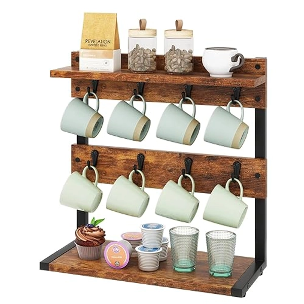 IBUYKE Rustic Coffee Mug Holder Stand, 2 Tier Countertop Mug Tree Holder Rack with Storage Base, Vintage Mug Holders for Kitchen, Holds 8 Mugs, Rustic Brown UTBJ002H - with shelf - Rustic Brown