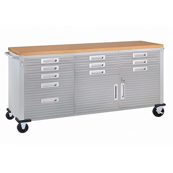 Seville Classics UltraHD Heavy Duty Rolling Cabinet Workbench Table w/Solid Wood Top, Workstation for Garage, Warehouse, Office, Workshop, 77" W x 20" D x 37.5" H, Granite, 11-Drawer - Granite - 11-Drawer