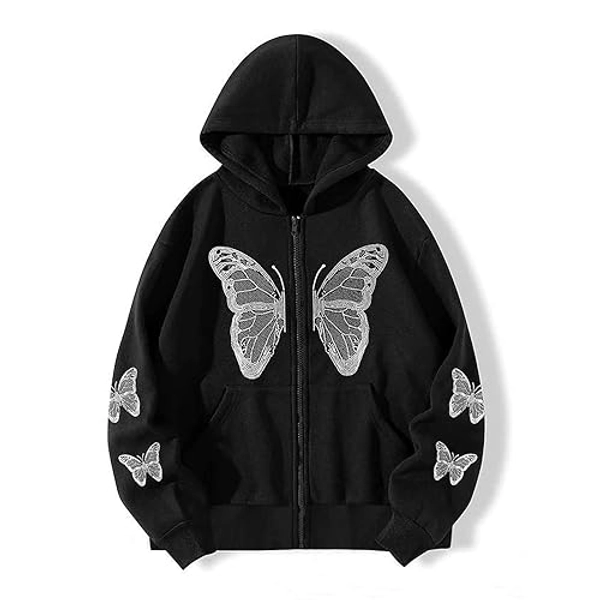 Ethbox Harajuku Women's Zipper Connecting Gothic Butterfly Printing Hatshirt Y2K zipper retro -graphic hoodie - Large - Black
