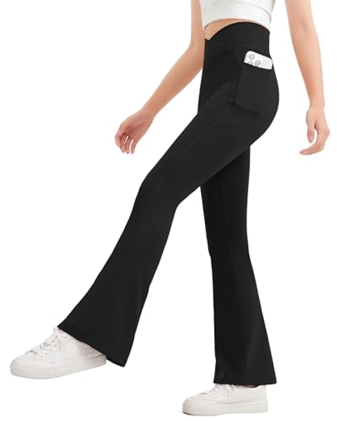 JOCMIC Girls Flare Leggings Kids Bell Bottom Pants Cross High Waisted Dance Yoga Flared Leggings - 13-14 Years - Black