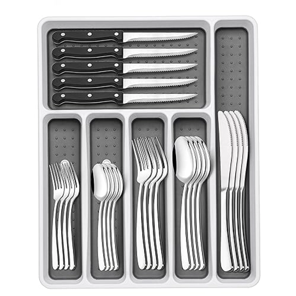 49-Piece Silverware Set with Organizer, Heavy Duty Stainless Steel Flatware for 8, Cutlery Utensil Sets with Steak Knives, Rust-proof, Mirror Polished, Dishwasher Safe - Heavy Duty