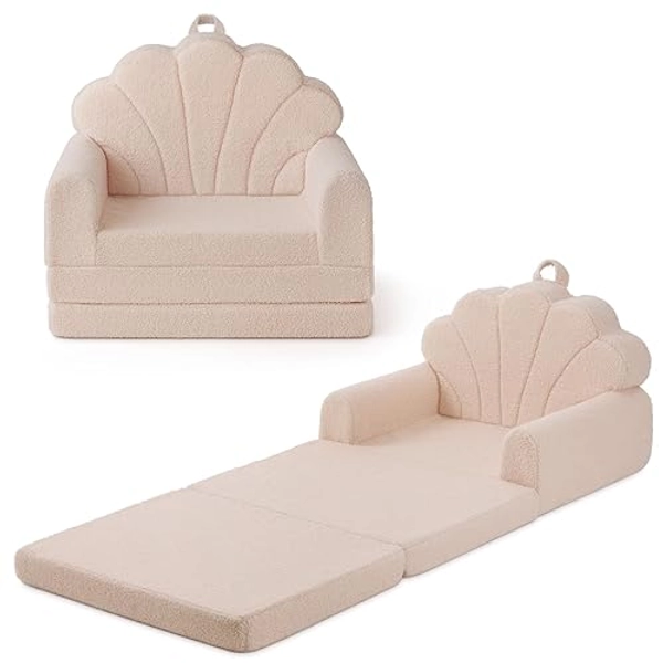 Blissful Diary Kids Couch, 2-in-1 Soft Toddler Couch Fold Out, Toddler Chair Comfy, Convertible Sofa to Lounger with Cute Shell Designs, Beige - Shell - Beige