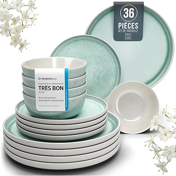 Service de Vaisselle en Grès Ibiza 36 pièces –Ensemble de Vaisselle pour 12 Personnes, Adapté au Lave-Vaisselle et au Micro-Ondes, Pure Living turquoise, Assiettes Service de Table - Set de 36 pièces - Turquoise