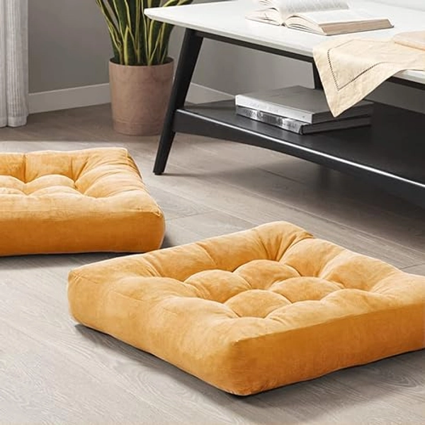 Degrees of Comfort Meditation Floor Pillow Set of 2, Square Large Pillows Seating for Adults, Tufted Corduroy Cushions for Balcony Outdoor Tatami Living Room, Orange Yellow, 22x22 - 2 Pack - Square | Orange Yellow | 2 Pack