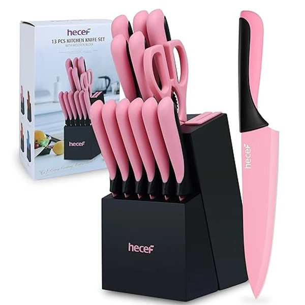 hecef Messerblock Set, 13-TLG Messer Set mit Selbstschärfender block, Scharf Edelstahl küchenmesser Set mit Küchenschere und Holzblock, Pri Kochmesser Set Bunte (Rosa) - Rosa