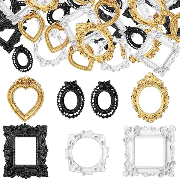 60 Pcs Mini Vintage Resin Frame, Antique Photo DIY Small Photo Frame for Manicure, Jewelry Display, Home Decoration (Gold, White, Black) - Gold, White, Black