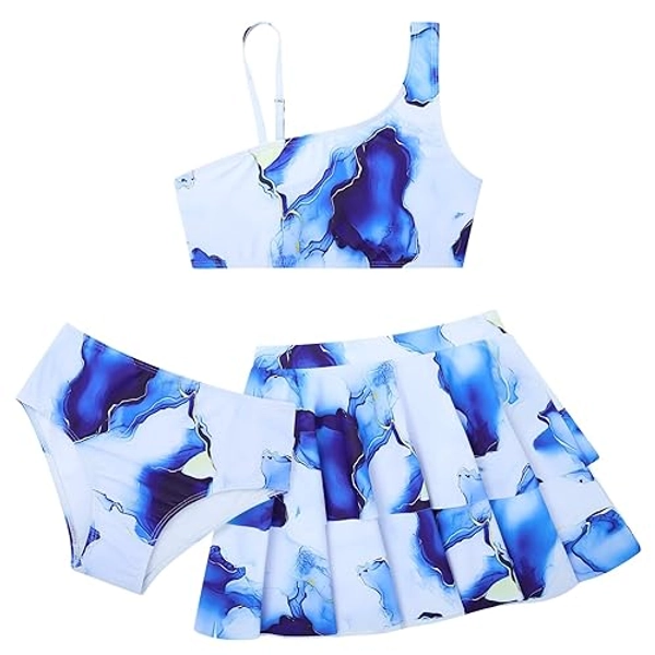 RAISEVERN Girls Swimsuit 3 Piece Bathing Suits Cute Quick Dry Bikini Tankini Sets with Cover Ups Beach Skirt for 5-12 Years - 002-marble - 9-10 Years