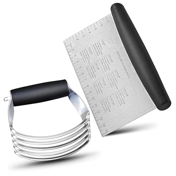 ALLTOP Stainless Steel Bench Scraper and Pastry Blender Cutter Set, Efficient Multipurpose Kitchen Baking Essential Tool with Comfortable Grip Handle-Perfect for Nut, Pie and Dough Processing - Black - Black