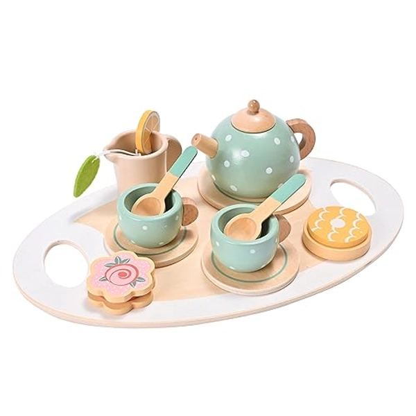 15pcs Wooden Tea Set for Little Girls, MONT PLEASANT Wooden Toys, Toddler Tea Set Play Kitchen Accessories Play Food playset for Kids Tea Party - 15pcs