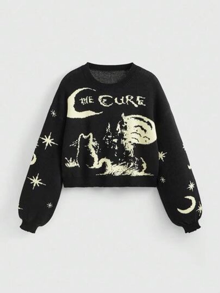 ROMWE Fairycore Suéter básico de cuello redondo de mujer con tejido jacquard de gato negro, estrella y luna, estilo retro de Halloween