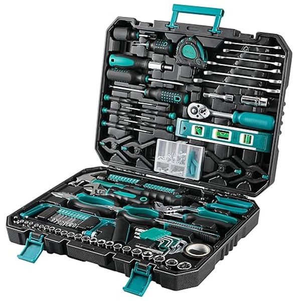 TLGREEN Werkzeugkoffer Gefüllt 198tlg Werkzeugkasten Haushalts Werkzeug Set mit Ratsche Steckschlüsselsatz Schraubenzieher Universal Werkzeug-Sets - Dunkelgrün + Schwarz
