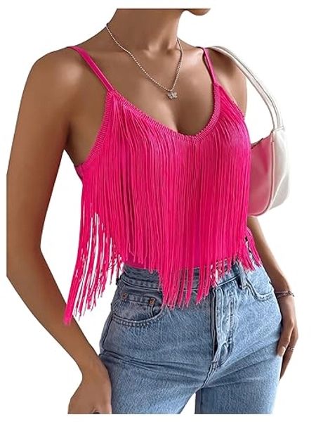 SweatyRocks Women's Fringe Sleeveless Boho Tassel Tank Top Slim Fit Cami Summer Tops - Large - Hot Pink
