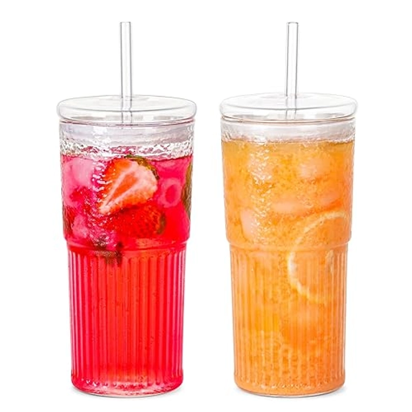 QWEZXO Glass Cups With Lids and Glass Straws，20 OZ High Borosilicate Glass Tumbler Iced Coffee Water Smoothie… - Clear