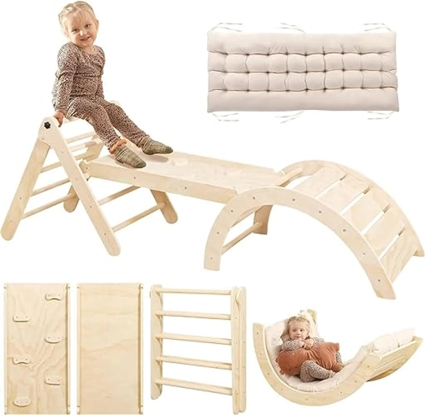 Pikler Triangle Set with Cushion, 7 in 1 Toddler Climbing Toys Indoor, Montessori Foldable Climbing Set, Wooden Climbing Toys for Toddlers 1-3 Inside with Ramp, Arch and Ladder (Nature Wood) - Nature Wood