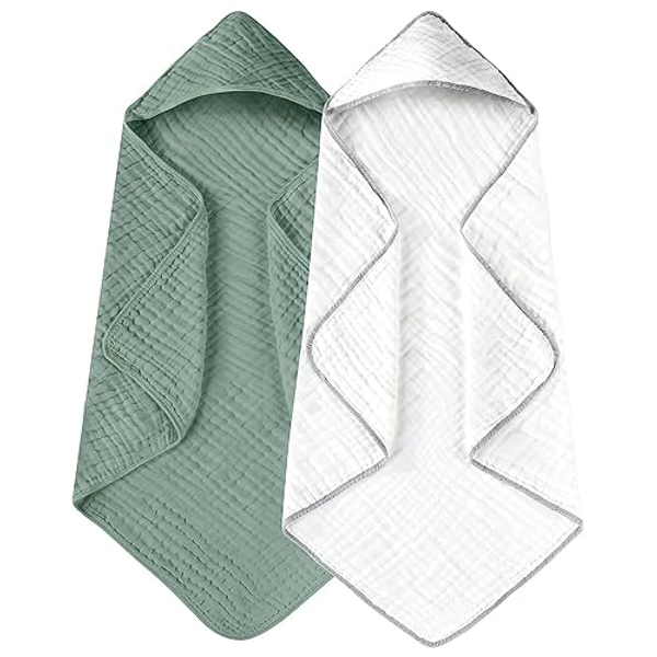 Yoofoss Hooded Baby Towels for Newborn 2 Pack 100% Muslin Cotton Baby Bath Towel with Hood for Babies, Infant, Toddler and Kids, Large 32x32Inch, Soft and Absorbent Newborn Essential - White and Dark Green - 32x32In (2 Pack)