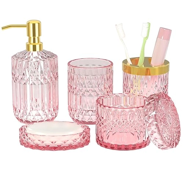New Pink Bathroom Accessories Set - 5 PCS Glass Bathroom Decor with Soap Dispenser & Soap Dish & Toothbrush Holder & Tumbler & Cotton Swab Jar - Bathroom Accessory Set Soap Dispenser Set for Vanity - Pink