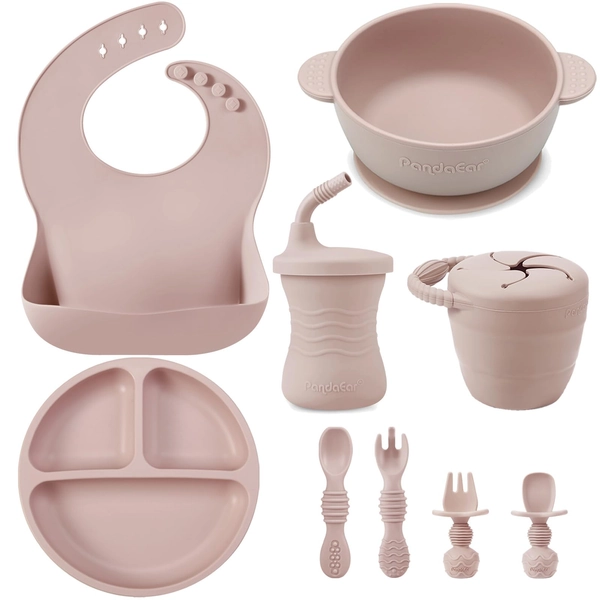 PandaEar Silicone Baby Feeding Set | 9PCS Baby Led Weaning Supplies Self Feeding Utensils | Divided Suction Plate Bowl Bibs Sippy Cup with Baby Snack Container Spoons Forks (Pink) - Pink