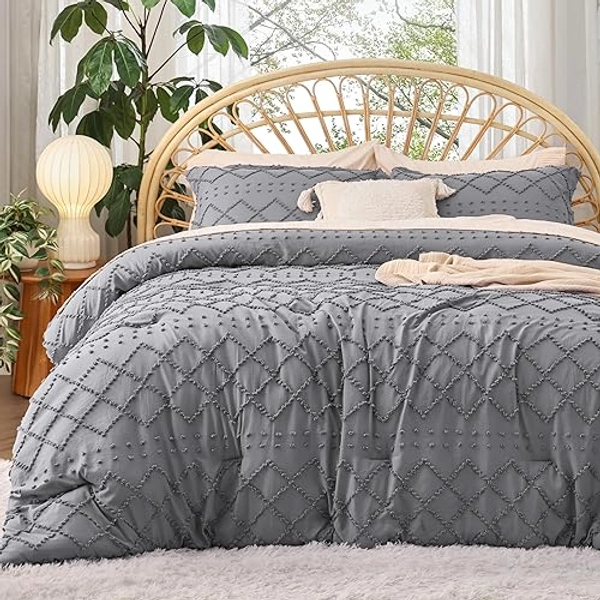 Bedsure Twin/Twin XL Comforter Set - Grey Boho Twin Extra Long Comforter Set for College, Shabby Chic Dorm Bedding Set, 2 Pieces Modern Farmhouse Bed Set, Includes 1 Pillow Sham - Twin/Twin XL - 08 - Grey
