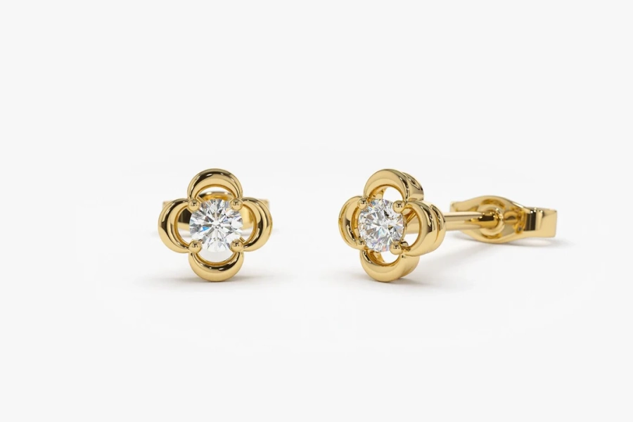 Diamond Studs / 14k Gold Genuine Diamond Flower Clover Classic Dainty Stud Earrings for Women by Ferkos Fine Jewelry / Birthday Gift - Etsy