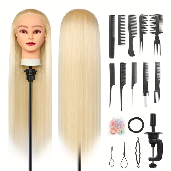28 inch 100% Synthetic Hair Styling Head - Training Mannequin Head for Braiding - Table Clamp and DIY Set Included