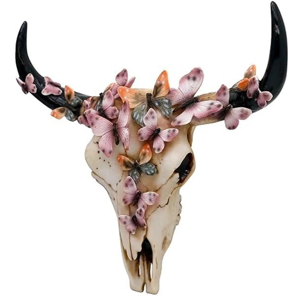 Faux Animal Cow Skull-Decor - Dream Butterfly Bull Head Wall Decor for Girls Western Bedroom Living-room Wall Decor Home Boho Longhorn Steer Skull Wall Mount Hanging Sculpture