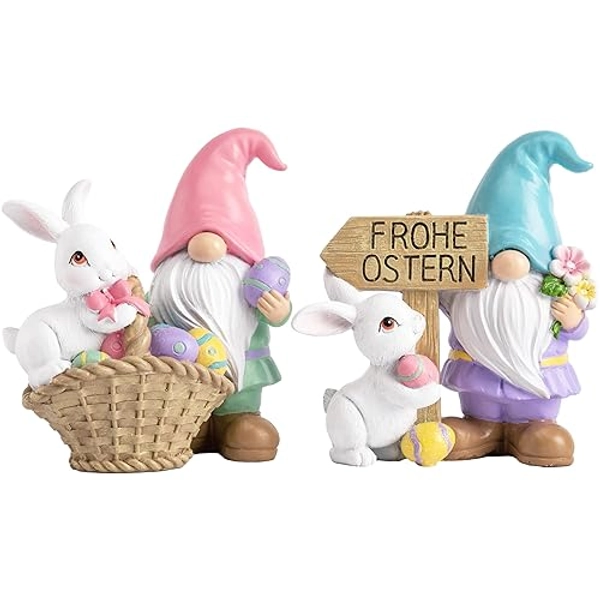VALERY MADELYN 2 Stück Gartenzwerge Osterhasen für Osterdeko modern mit Ostereier,Frühlingsdeko Gartendeko Wichtel Figuren für draußen,Tischdeko,Ostern Geschenke,12cm,Rosa Blau,(L) - L