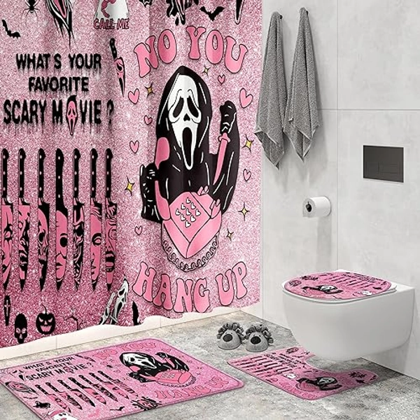 KAIRA 4 Pcs Gothic Bathroom Sets with Shower Curtain and Rugs, Ghostface Shower Bathroom Decor Curtain Sets with Mats and Accessories Party Scary Bathroom Decor