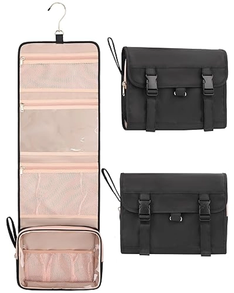 Relavel Travel Hanging Toiletry Bag, Waterproof Hanging Toiletry Bag Set for Women, Compact Cosmetic Bag Organizer with Hanging Hook, Makeup Organizer for Bathroom Shower (Black with Rose Gold) - 01A Rose Gold - Large