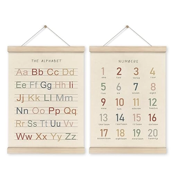HRQKO Alphabet Numbers Poster Hanger Frame Set of 2, Nursery Wall Decor, ABC Banner Poster Wall Art with Wooden Frames, Alphabet Banner Wall Hanging Decor for Toddler Playroom Nursery, 12x16 Inch - 12X16 - Alphabet & Numbers