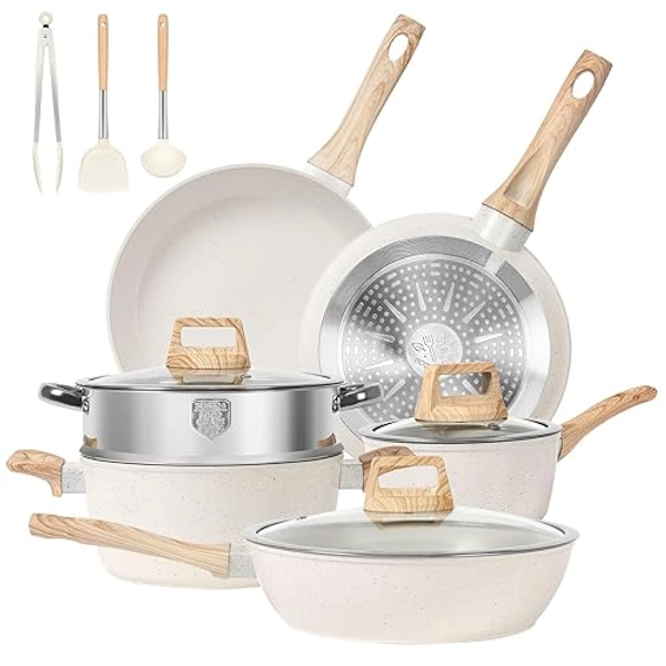 Pots and Pans Set Non Stick,12 Pcs Kitchen Cookware Sets Nonstick Induction Cookware White Granite Cooking Set with Frying Pans, Saucepans, Steamer Silicone Shovel Spoon & Tongs (NO PFOS, PFOA) - White - 12 Pieces