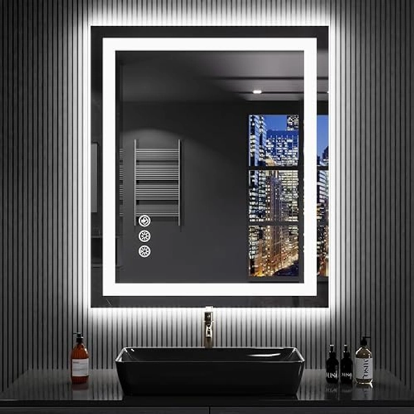 LOAAO 24"X32" LED Bathroom Mirror with Lights, Anti-Fog, Dimmable, RGB Backlit + Front Lighted, Bathroom Vanity Mirror for Wall, Memory Function, Shatter-Proof, Tempered Glass - Rgb Led Bathroom Mirror (11 Light Modes) - 32"L x 24"W