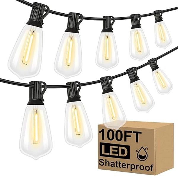 Brightever LED Outdoor String Lights 100FT Patio Lights with 52 Shatterproof ST38 Vintage Edison Bulbs, Outside Hanging Lights Waterproof for Porch, Deck, Garden, Backyard, Balcony, 2700K Dimmable - 2700K Warm White - 100FT