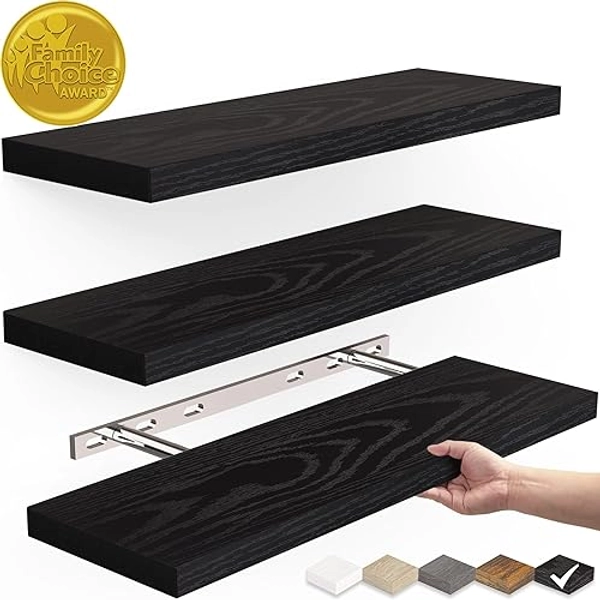 BAYKA Floating Shelves for Wall, Wall Mounted Rustic Wood Shelves for Bathroom, Bedroom, Living Room, Kitchen, Hanging Shelf for Books/Storage/Room Decor with 22lbs Capacity (Black, Set of 3, 16in) - Black - 16inches